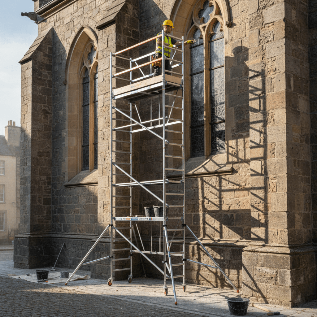 hombre restaurando la fachada de una iglesia